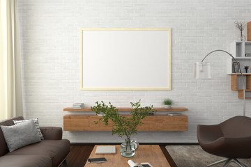 Horizontal blank poster on white brick wall in interior of modern living room with clipping path around poster. 3d illustration