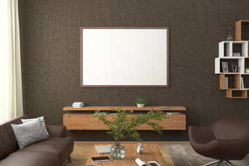Horizontal blank poster on brown wall in interior of modern living room with clipping path around poster. 3d illustration