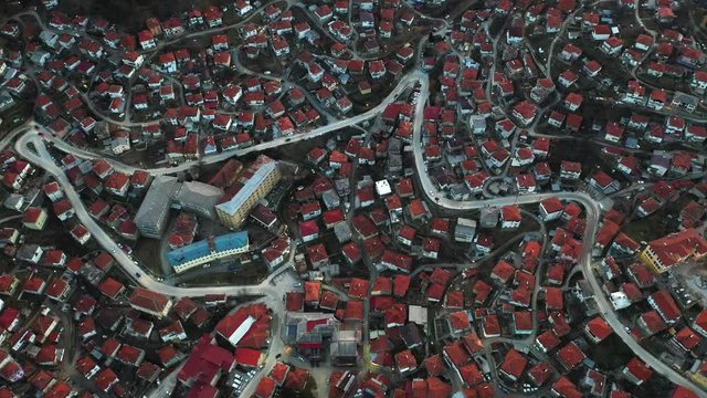 Krushevo mountains zigzag streets, view from the top, aerial view