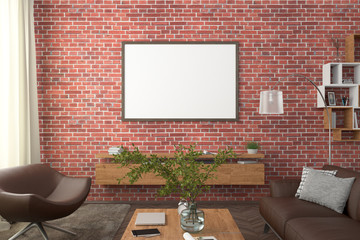 Horizontal blank poster on red brick wall in interior of modern living room with clipping path around poster. 3d illustration