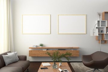 Two horizontal blank posters on white wall in interior of modern living room with clipping path around poster. 3d illustration