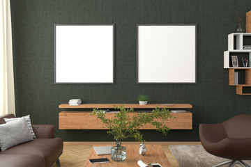 Two square blank posters on green concrete wall in interior of modern living room with clipping path around poster. 3d illustration