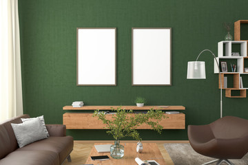 Two vertical blank posters on green concrete wall in interior of modern living room with clipping path around poster. 3d illustration