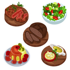 set of yummy food salad sauce bread jelly