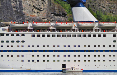 Cruiseship or cruise ship liner in Flam, Norway during cruising to Norwegian Fjords in...