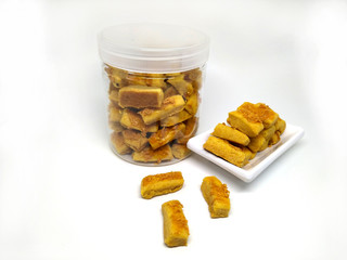 Rectangular cheese sticks on a white background