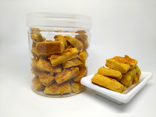 Rectangular cheese sticks on a white background