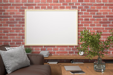Horizontal blank poster on red brick wall in interior of modern living room with clipping path around poster. 3d illustration