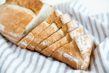 Homemade freshly baked bread.Sliced white bread.Healthy food.Close-up view