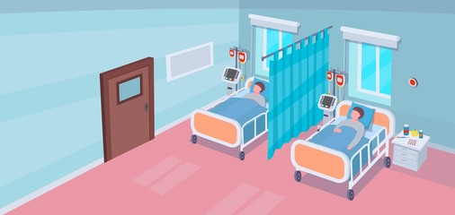 Interior of hospital room with hospital beds and patients. Vector Illustration
 