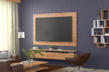 TV screen on the blue concrete wall  with wooden plate above the cabinet in modern living room with couch, armchair, coffee table, bookshelf, curtain. Clipping path around screen. 3d illustration