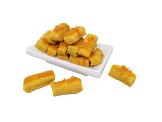 Rectangular cheese sticks on a white background