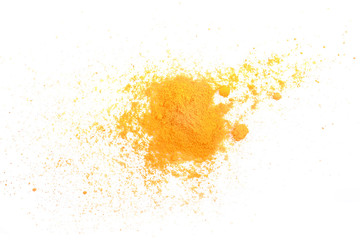 Turmeric (Curcuma) powder pile isolated on white background, turmeric is herb;top view.