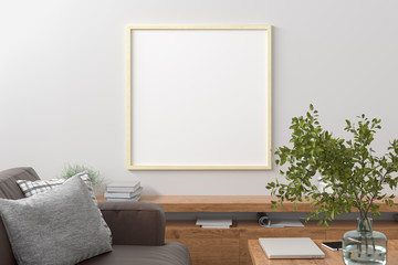 Square blank poster on white wall in interior of modern living room with clipping path around poster. 3d illustration
