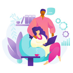 happy married indian couple work together at home. wife helps husband to work online. freelance. Concept for working, studying, education, work from home, flat style. coronavirus, self-isolation.