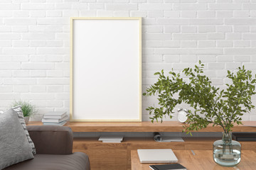 Vertical blank poster on white brick wall in interior of modern living room with clipping path around poster. 3d illustration