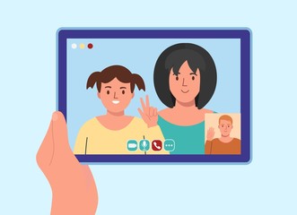 Fototapeta na wymiar Concept of video calls. A man speaking with people online at home.Video chat with friends and family. Flat vector illustration.