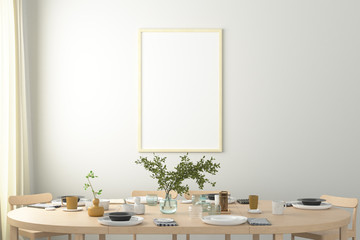 Vertical blank poster on white wall in interior of modern dining room. Clipping path around poster. 3d illustration