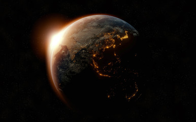 Planet Earth with a spectacular sunrise. 3D rendering , Elements of this image furnished by NASA