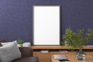 Vertical blank poster on blue concrete wall in interior of modern living room with clipping path around poster. 3d illustration