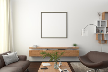 Square blank poster on white wall in interior of modern living room with clipping path around poster. 3d illustration