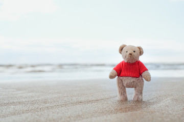 Alone teddy bear toy on the beach backgraund
