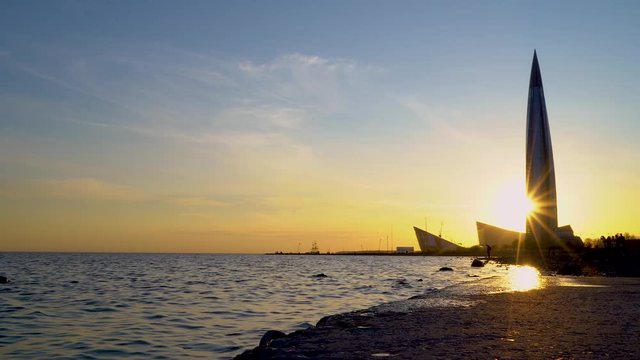 Russia, Lakhta center in Saint Petersburg at sunset and sea view.