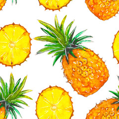 Seamless pattern of ripe pineapples on a white background, painted in watercolor.
