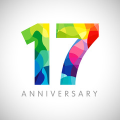 17 th anniversary numbers. 17 years old logotype. Bright congrats. Isolated abstract graphic design template. Creative 1, 7 3D digits. Up to 17%, -17% percent off discount. Congratulation concept. - obrazy, fototapety, plakaty