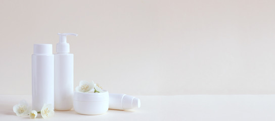 Bottle for cosmetic products without a label. The concept of skin care face.