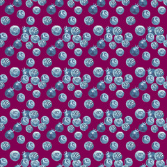 Seamless pattern of ripe blueberries on a cherry background, painted in watercolor.