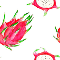 Seamless pattern of ripe dragon fruit on a white background, painted in watercolor.