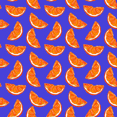 Seamless pattern of ripe orange slices on a blue background, painted in watercolor.