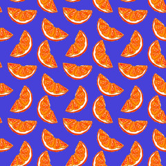 Fototapeta premium Seamless pattern of ripe orange slices on a blue background, painted in watercolor.