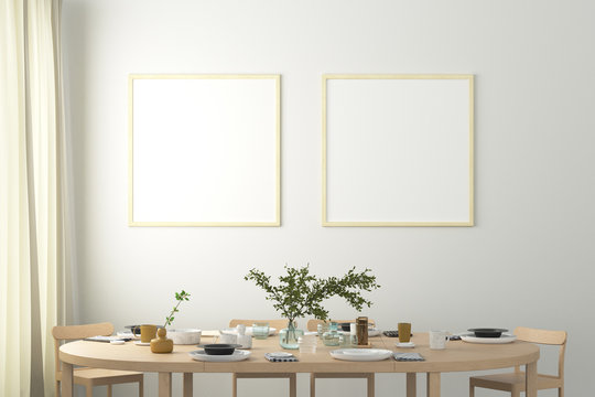 Two square blank posters on white wall in interior of modern dining room. Clipping path around poster. 3d illustration