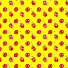 Seamless pattern of ripe raspberries on a yellow background, painted in watercolor.