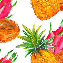 Seamless pattern of tropical fruits on a white background, painted in watercolor.