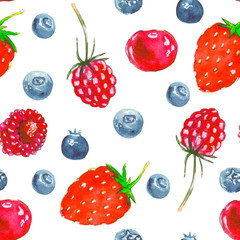 Seamless pattern of ripe berries on a white background, painted in watercolor.