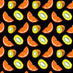 Seamless pattern of orange and kiwi slices on a black background, drawn in watercolor.