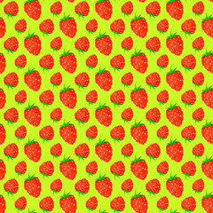 Seamless pattern of ripe strawberries on a yellow background, painted in watercolor.