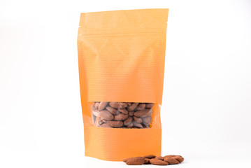 full orange paper doy pack standup biodegradable flexible packaging with window zipper on white background