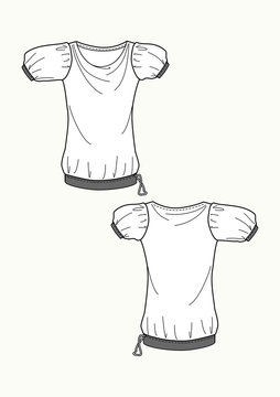 Top donna asimmetrico manica corta con coulisse disegno piatto sketch fashion illustration fronte e retro mock up vetttoriale