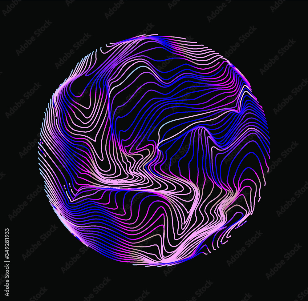 Poster illuminated holographic circle with glitched wavy texture. retrofuturistic illustration in 80s-90s s