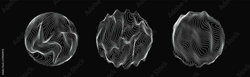 Poster Glitched and twisted sphere with wavy texture. Abstract technology and science background.