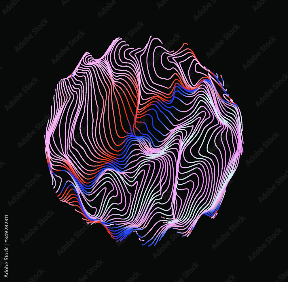 Poster Illuminated holographic circle with glitched wavy texture. Retrofuturistic illustration in 80s-90s synthwave and retrowave chromatic spectrum colors.