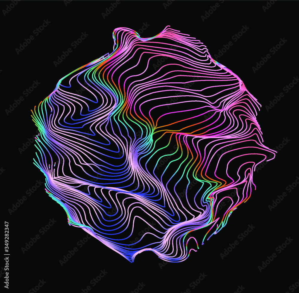 Poster Illuminated holographic circle with glitched wavy texture. Retrofuturistic illustration in 80s-90s synthwave and retrowave chromatic spectrum colors.
