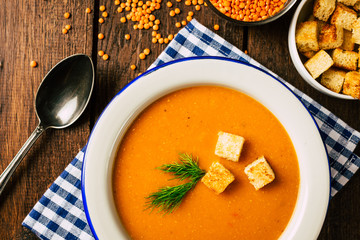 Tasty lentil soup, top view, oriental cuisine