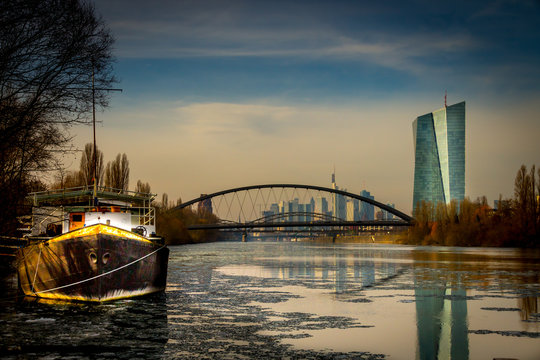 Award winning Frankfurt skyline river barge and European Central Bank