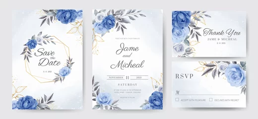 Foto op Plexiglas Navy blue peony rose wedding invitation card with golden leaves and golden frames. Template card set. © Panupon
