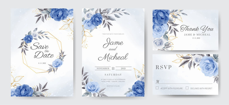 Navy blue peony rose wedding invitation card with golden leaves and golden frames. Template card set.